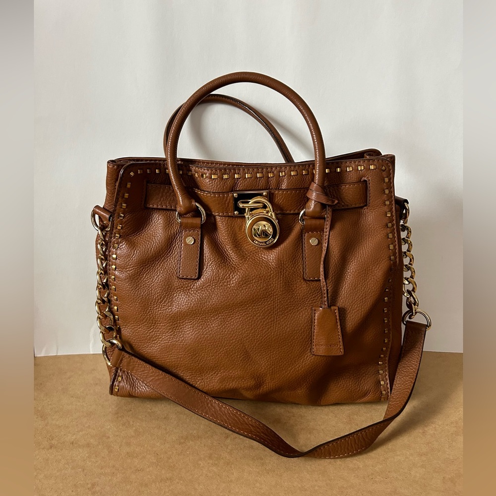 Michael Kors Hamilton Genuine Leather in Camel, Large - Gold Lock and Key Tote